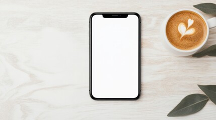 Blank screen smartphone coffee and leaves lay on wooden table