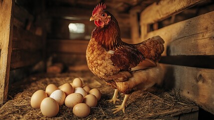 Brown hen standing near eggs in rustic chicken coop, straw nest, barn background