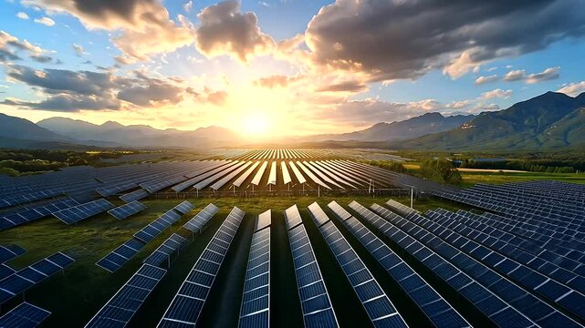 Gigantic server farm harnessing clean energy, surrounded by solar fields and hydroelectric power stations.
