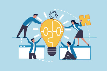 Team idea, teamwork solving problem, office meeting discussion brainstorm, innovation or creativity to success concept, business people staff, employees work together complete lightbulb jigsaw puzzle.