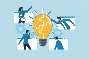 Team idea, teamwork solving problem, office meeting discussion brainstorm, innovation or creativity to success concept, business people staff, employees work together complete lightbulb jigsaw puzzle.