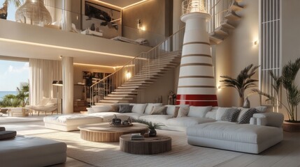 Obraz premium Coastal Luxury Home Interior Design, Ocean View, Lighthouse Feature