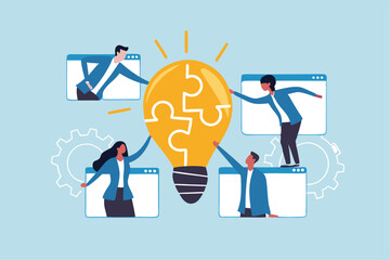 Team idea, teamwork solving problem, office meeting discussion brainstorm, innovation or creativity to success concept, business people staff, employees work together complete lightbulb jigsaw puzzle.