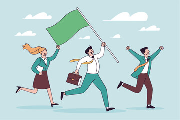 Leadership team leader to lead team to success, company ceo win business competition together, management or professional to reach goal or achievement, businessman leader hold winning flag with team.