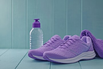 Purple running shoes, water bottle, and towel on teal wooden background