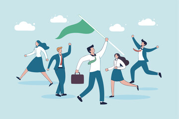 Leadership team leader to lead team to success, company ceo win business competition together, management or professional to reach goal or achievement, businessman leader hold winning flag with team.