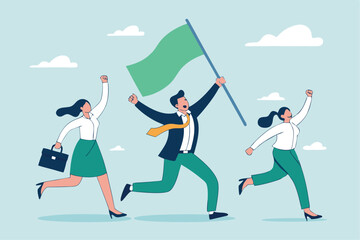 Leadership team leader to lead team to success, company ceo win business competition together, management or professional to reach goal or achievement, businessman leader hold winning flag with team.