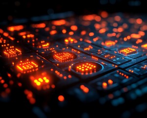 Glowing orange circuits on dark tech board.