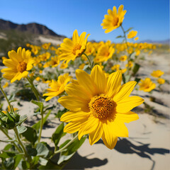 Fototapeta premium Bright yellow sunflowers blooming in a desert landscape under clear blue skies for nature and floral themes 