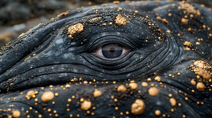 Close-up of a whale eye on textured skin with gold speckles, ocean environment