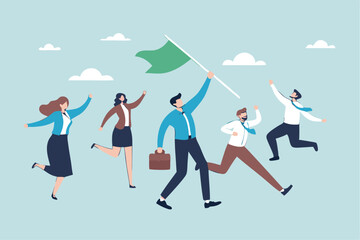 Leadership team leader to lead team to success, company ceo win business competition together, management or professional to reach goal or achievement, businessman leader hold winning flag with team.