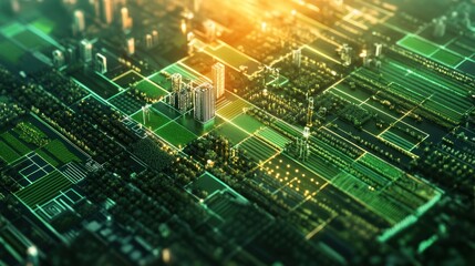 Smart city, digital landscape, sunset, green tech, futuristic infrastructure, network,  technology, development,  illustration, website