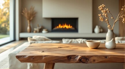 A clean wooden table is in sharp focus in the foreground, with a cozy, modern and minimalist living room faintly visible in the background.