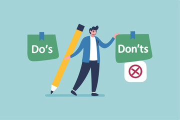 Do and don't checklist, positive suggestion and negative to avoid, correct and false answer on paper note, wrong and right to do list concept, businessman write do and don't checklist on sticky notes.
