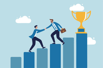 Manager support mentor or guidance help to reach success, consultant, assistance expert to help achieve business goal concept, businessman manager help employee to climb up to reach success trophy.