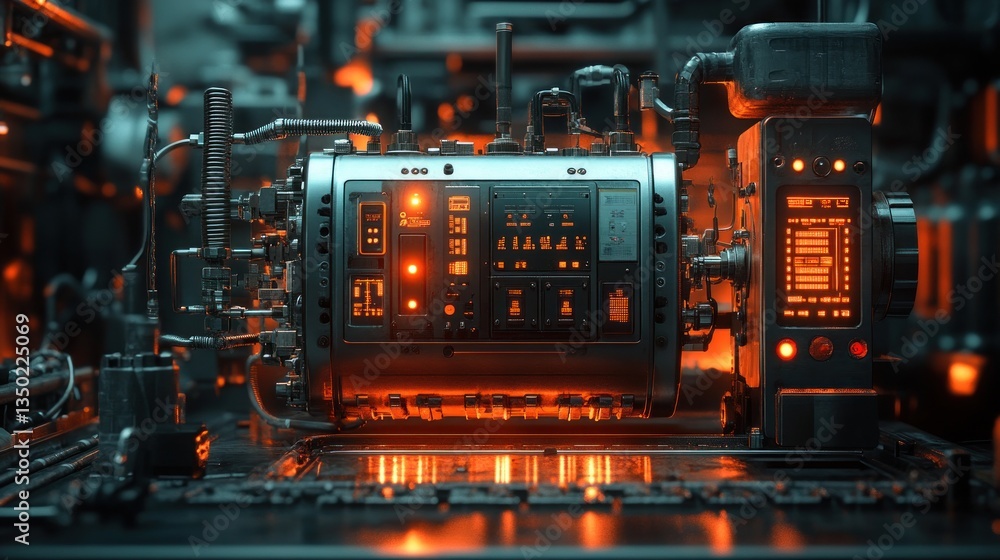Poster futuristic machine in a complex industrial setting with glowing controls