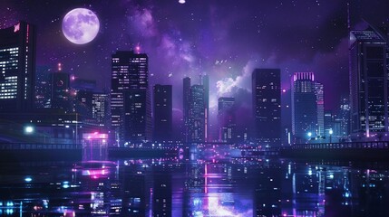 Night city, purple sky, full moon, futuristic, reflection, wallpaper