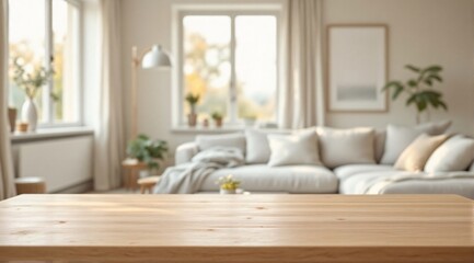A clean wooden table is in sharp focus in the foreground, with a cozy, modern and minimalist living room faintly visible in the background.