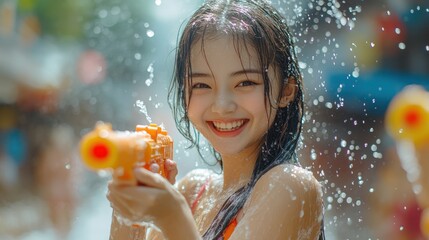 Girl smiles, water gun fight, park, summer fun