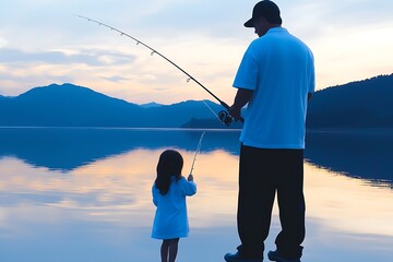 Father for daughter fishing, sunset lake. (1)