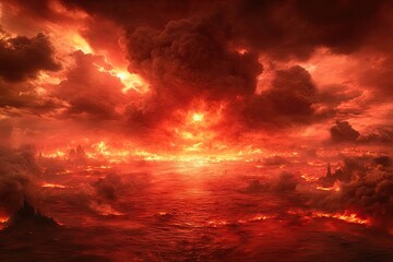 Fototapeta premium Fiery apocalypse; city engulfed in flames, red sky, ominous clouds