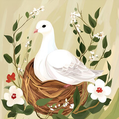 Illustration of white dove sitting in nest surrounded by flowers and greenery