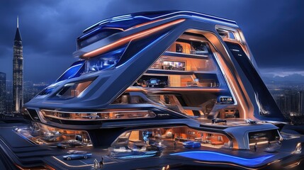 Futuristic, multi-level dwelling with vehicle storage
