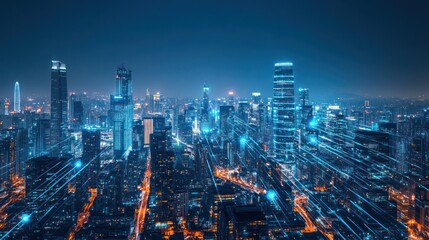 Night city skyline, illuminated buildings, futuristic connection, aerial view