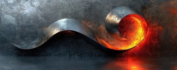 Abstract metallic sculpture of an S shape with fiery and smooth textures