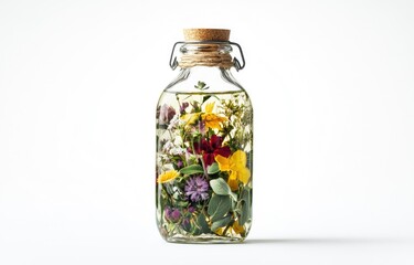 Arrangement of Colorful Flowers in Glass Bottle Filled with Liquid