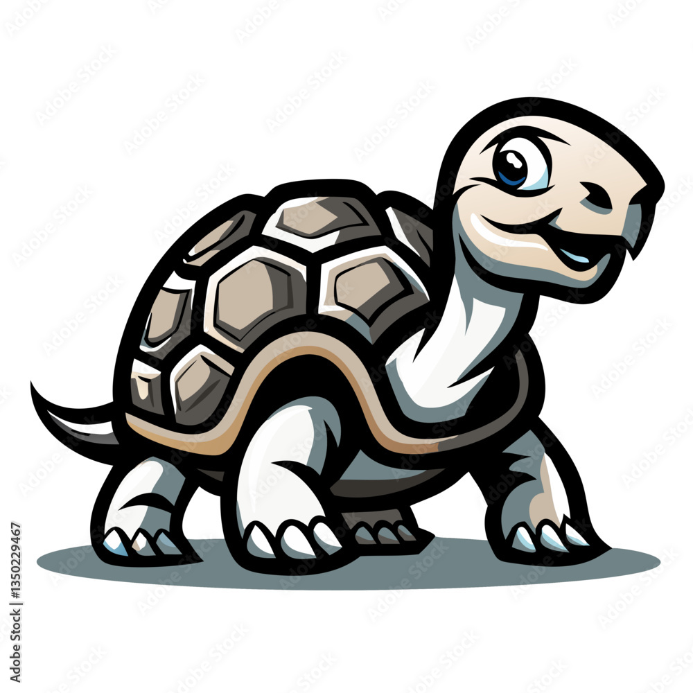 Poster a cartoon turtle character in movement. the turtle with a large shell and a smiling expression