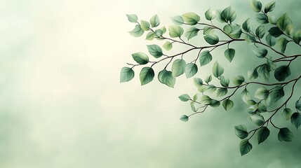 Clean high resolution horizontal banner featuring gracefully curved tree branch adorned lush vibrant green leaf branch extends naturally across frame creating harmonious visually appealing design