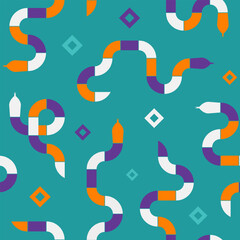 Vibrant seamless abstract pattern of geometric snakes in purple, orange, white on cyan background with diamond accents. Suitable for textile design, wallpapers, packaging, or modern branding projects.