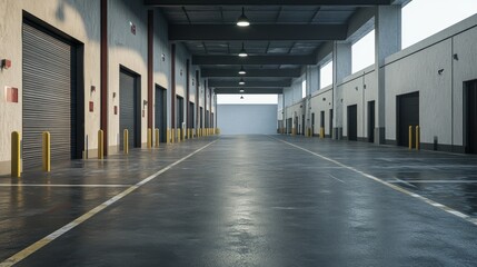 Fototapeta premium Loading dock, warehouse, industrial, building, interior, doors, empty, space, sunlight, logistics
