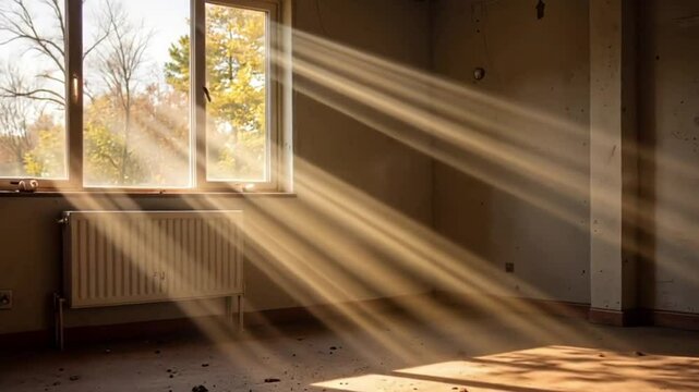 Sunlight streaming through window in empty room  