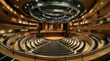 Concert hall interior, empty stage, lighting rig, wood, architecture, performance venue, presentation