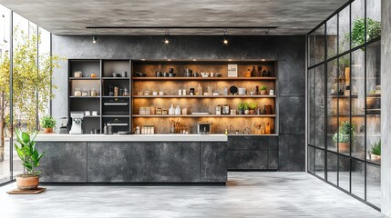 Modern cafe interior with urban style, coffee bar, and plants