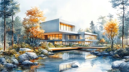Obraz premium Modern autumn house, forest lake, tranquil design, real estate