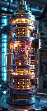A grain textured quantum-classical hybrid computer with superconducting elements displaying cryogenic cooling visualization in a futuristic aesthetic.