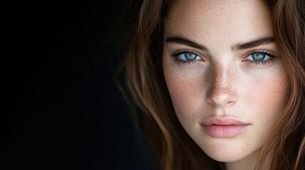 Fototapeta premium Young woman with blue eyes and freckles gazes directly at the camera in a close-up portrait against a dark background.