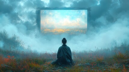 Meditative figure gazing at a framed landscape in a mystical mountain meadow