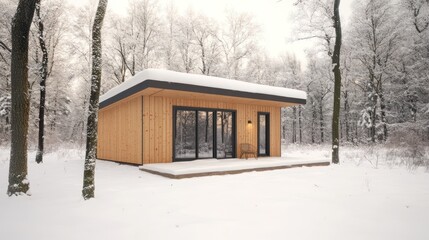 Modern cabin, snowy forest, winter retreat, illuminated interior, architectural design