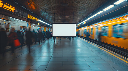 Blank white billboard in the center of a busy underground metro station with yellow trains in motion on both sides. 