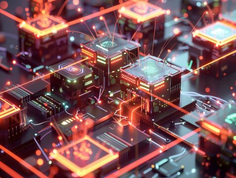 Quantum data streams connect sci-fi processing units particle effects illuminate distributed computing in grainy concept art.