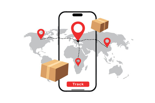 Online shipping global logistics on mobile, shipping to around the world. Track your parcel on your phone, smartphone. world map with cardboard boxes Vector illustration on white background
