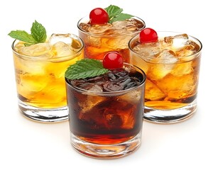 Four iced cocktails with cherries and mint.