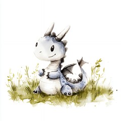 Adorable Baby Dragon in Watercolor Grassy Field