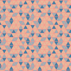 Geometric pattern with pastel triangles in blue and peach. Repeating triangular shapes for backgrounds, textiles, wallpaper, cards, and modern designs.