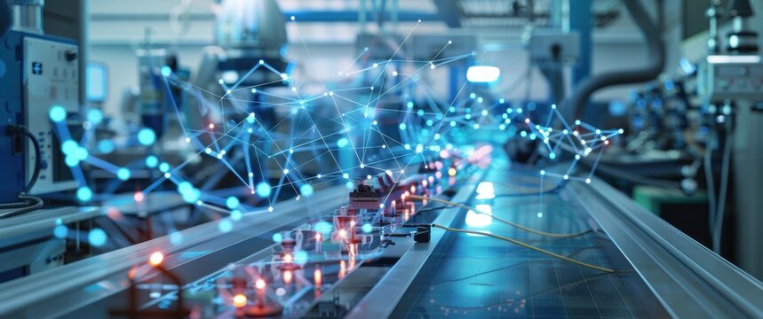 Inside a futuristic laboratory quantum computing setup features specialized ethernet connections and high-tech infrastructure with scientific precision.