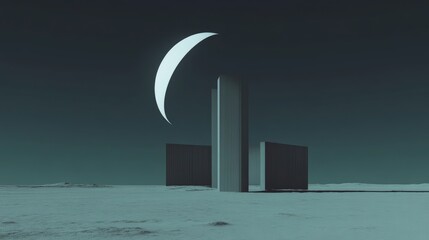Minimalist, surreal landscape at night with a crescent moon